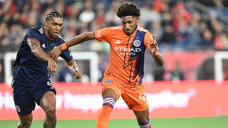 Apr 1, 2023; Foxborough, Massachusetts, USA; New York City forward Talles Magno (43) controls the ball against New England Revolution defender Christian Makoun (6) during the first half at Gillette Stadium. Mandatory Credit: Brian Fluharty-USA TODAY Sports