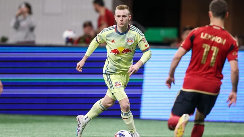 Apr 1, 2023; Atlanta, Georgia, USA; New York Red Bulls forward Cameron Harper (17) handles the ball against Atlanta United in the second half at Mercedes-Benz Stadium. Mandatory Credit: Brett Davis-USA TODAY Sports