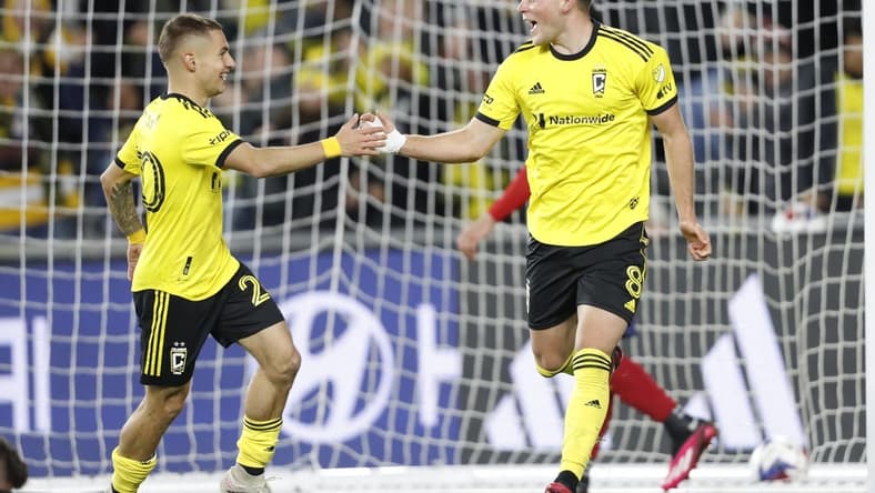 Apr 1, 2023; Columbus, Ohio, USA; Columbus Crew midfielder Aidan Morris (8) celebrates his goal with teamate against Real Salt Lake at Lower.com Field. Mandatory Credit: Joseph Maiorana-USA TODAY Sports