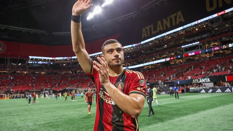 Apr 1, 2023; Atlanta, Georgia, USA; Atlanta United forward Giorgos Giakoumakis (7) reacts after a victory against the New York Red Bulls at Mercedes-Benz Stadium. Mandatory Credit: Brett Davis-USA TODAY Sports