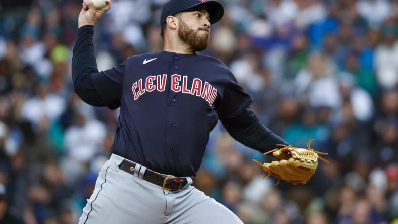 Apr 1, 2023; Seattle, Washington, USA; Cleveland Guardians starting pitcher Aaron Civale (43) throws against the Seattle Mariners during the second inning at T-Mobile Park. Mandatory Credit: Joe Nicholson-USA TODAY Sports