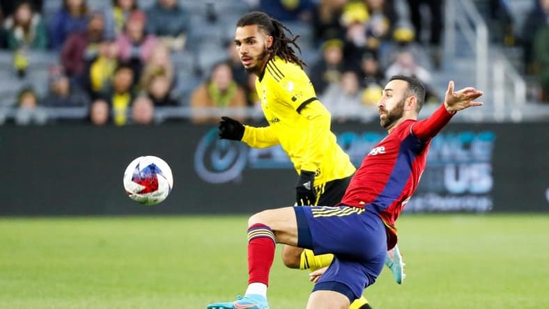 Apr 1, 2023; Columbus, Ohio, United States;  Real Salt Lake forward Justin Meram (9) contests the ball with Columbus Crew defender Mohamed Farsi (23) during the first half of the MLS soccer game between Columbus Crew and Real Salt Lake at Lower.com Field on Saturday night. Mandatory Credit: Joseph Scheller-The Columbus Dispatch

Mls Ceb Crew Slc Salt Lake At Crew