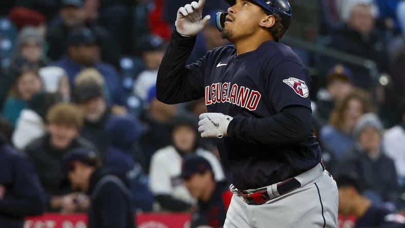 Apr 1, 2023; Seattle, Washington, USA; Cleveland Guardians first baseman Josh Naylor (22) reacts while running the bases after hitting a solo-home run against the Seattle Mariners during the fourth inning at T-Mobile Park. Mandatory Credit: Joe Nicholson-USA TODAY Sports