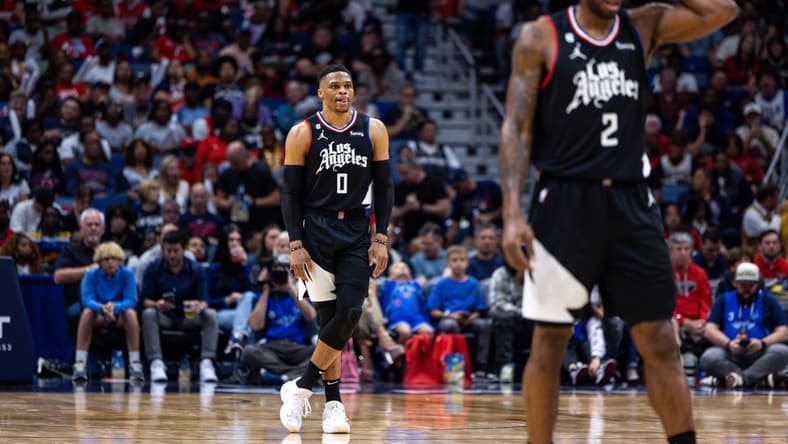 LA Clippers guard Russell Westbrook (0) could be missing forward Kawhi Leonard (2) again in Game 4 on Saturday. Mandatory Credit: Stephen Lew-USA TODAY Sports