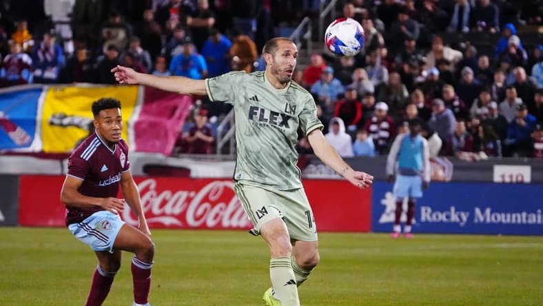 Apr 1, 2023; Commerce City, Colorado, USA; Los Angeles FC defender Giorgio Chiellini (14) in action against Colorado Rapids during the second half at Dick's Sporting Goods Park. Mandatory Credit: Ron Chenoy-USA TODAY Sports