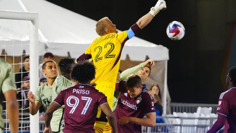 Apr 1, 2023; Commerce City, Colorado, USA; Colorado Rapids goalkeeper William Yarbrough (22) makes a save at the end of the second half against Los Angeles FC at Dick's Sporting Goods Park. Mandatory Credit: Ron Chenoy-USA TODAY Sports