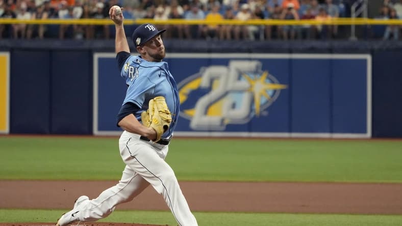 Apr 2, 2023; St. Petersburg, Florida, USA; Tampa Bay Rays starting pitcher Jeffrey Springs (59) throws a pitch against the Detroit Tigers during the first inning at Tropicana Field. Mandatory Credit: Dave Nelson-USA TODAY Sports