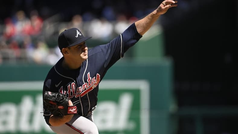 Apr 2, 2023; Washington, District of Columbia, USA; Atlanta Braves starting pitcher Jared Shuster (45) throws to the Washington Nationals during the first inning at Nationals Park. Mandatory Credit: Brad Mills-USA TODAY Sports