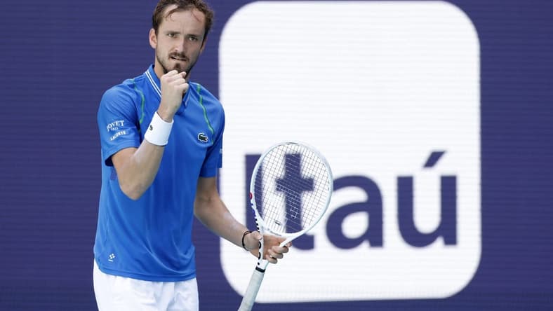Apr 2, 2023; Miami, Florida, US; Daniil Medvedev reacts after winning the first set against Jannik Sinner (ITA) (not pictured) in the men's singles final on day fourteen of the Miami Open at Hard Rock Stadium. Mandatory Credit: Geoff Burke-USA TODAY Sports