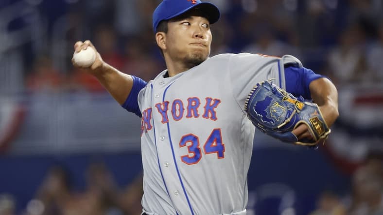 Apr 2, 2023; Miami, Florida, USA;  New York Mets starting pitcher Kodai Senga (34) pitches against the Miami Marlins in the first inning at loanDepot Park. Mandatory Credit: Rhona Wise-USA TODAY Sports