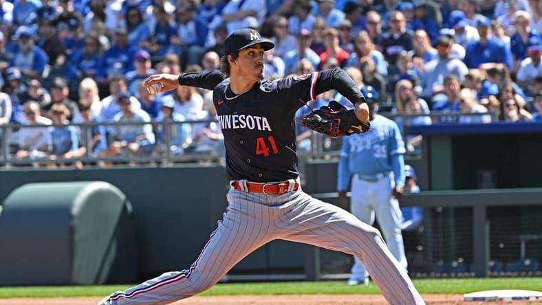 Apr 2, 2023; Kansas City, Missouri, USA; Minnesota Twins starting pitcher Joe Ryan (41) delivers a pitch during the first inning against the Kansas City Royals at Kauffman Stadium. Mandatory Credit: Peter Aiken-USA TODAY Sports