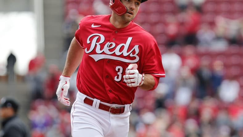 Apr 2, 2023; Cincinnati, Ohio, USA; Cincinnati Reds first baseman Jason Vosler (32) runs the bases after hitting a solo home run against the Pittsburgh Pirates during the second inning at Great American Ball Park. Mandatory Credit: David Kohl-USA TODAY Sports