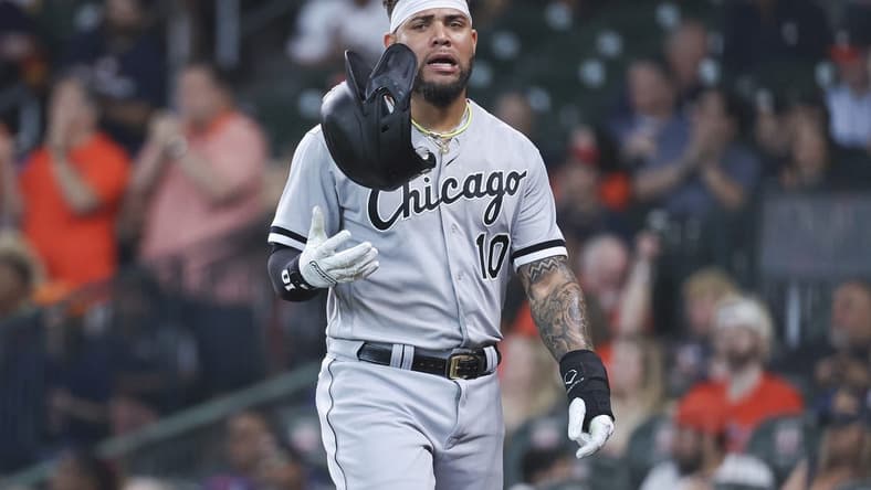 Apr 2, 2023; Houston, Texas, USA; Chicago White Sox third baseman Yoan Moncada (10) reacts after a play during the second inning against the Houston Astros at Minute Maid Park. Mandatory Credit: Troy Taormina-USA TODAY Sports