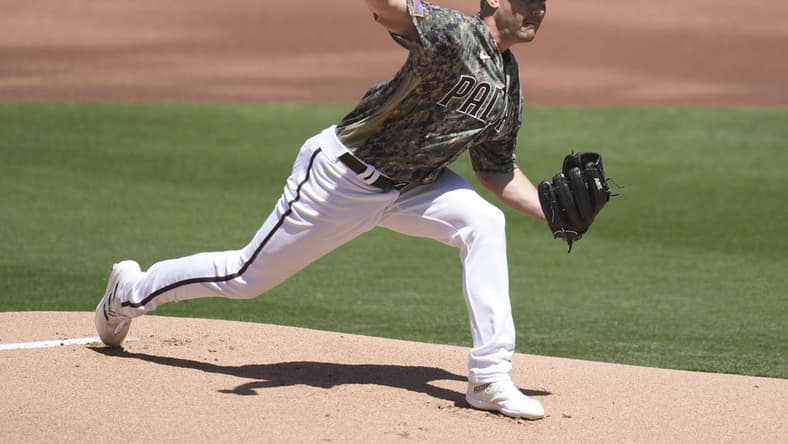 Apr 2, 2023; San Diego, California, USA;  San Diego Padres starting pitcher Seth Lugo (67) throws a pitch against the Colorado Rockies first inning at Petco Park. Mandatory Credit: Ray Acevedo-USA TODAY Sports