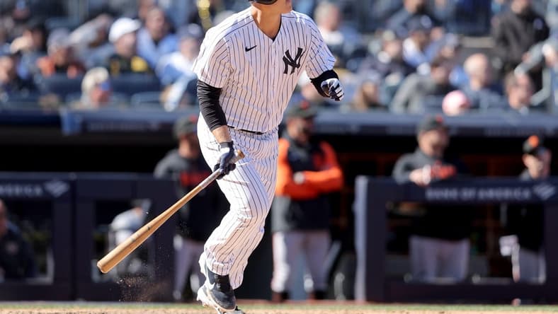 Apr 2, 2023; Bronx, New York, USA; New York Yankees first baseman Anthony Rizzo (48) watches his RBI sacrifice fly against the San Francisco Giants during the seventh inning at Yankee Stadium. Mandatory Credit: Brad Penner-USA TODAY Sports