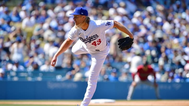 Apr 2, 2023; Los Angeles, California, USA; Los Angeles Dodgers starting pitcher Noah Syndergaard (43) throws against the Arizona Diamondbacks during the sixth inning at Dodger Stadium. Mandatory Credit: Gary A. Vasquez-USA TODAY Sports