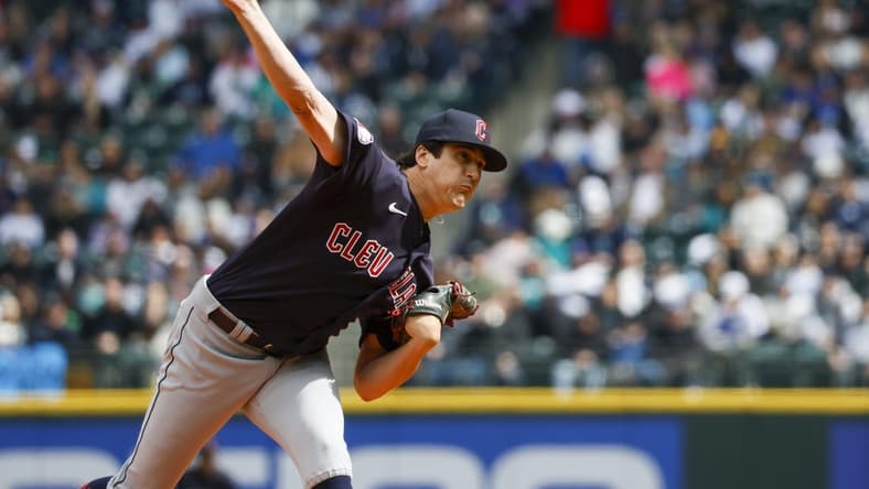 Apr 2, 2023; Seattle, Washington, USA; Cleveland Guardians starting pitcher Cal Quantrill (47) throws against the Seattle Mariners during the second inning at T-Mobile Park. Mandatory Credit: Joe Nicholson-USA TODAY Sports