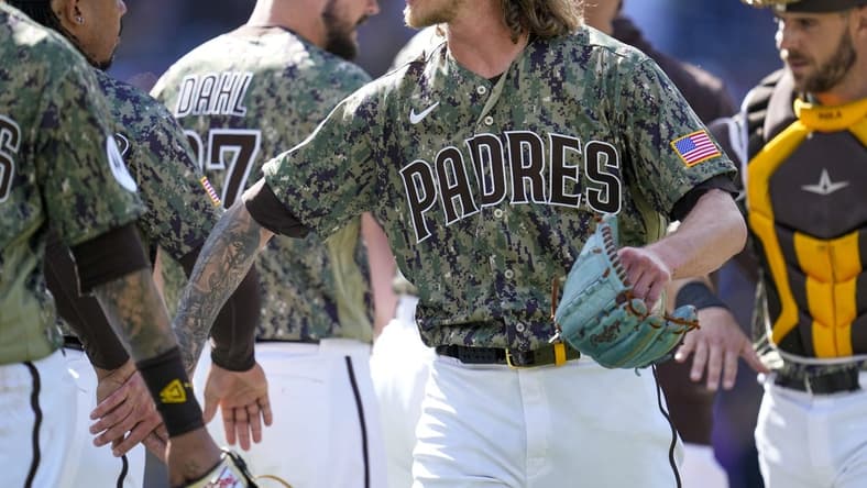 Apr 2, 2023; San Diego, California, USA;  San Diego Padres relief pitcher Josh Hader (71) celebrates the win with teammates against the Colorado Rockies after the game at Petco Park. Mandatory Credit: Ray Acevedo-USA TODAY Sports