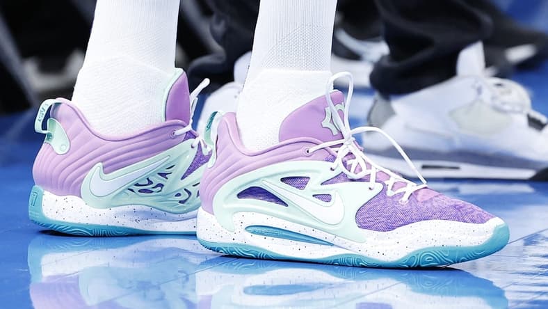 Apr 2, 2023; Oklahoma City, Oklahoma, USA; A close up view of Phoenix Suns forward Kevin Durant (35) shoes before a game against the Oklahoma City Thunder at Paycom Center. Mandatory Credit: Alonzo Adams-USA TODAY Sports