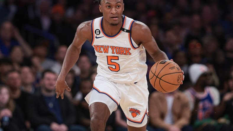 Apr 2, 2023; New York, New York, USA; New York Knicks guard Immanuel Quickley (5) dribbles up court during the first quarter against the Washington Wizards at Madison Square Garden. Mandatory Credit: Vincent Carchietta-USA TODAY Sports