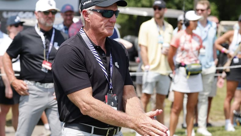 Apr 2, 2023; Orlando, Florida, USA; LIV Golf tour Commissioner Greg Norman walks onto the first tee during the final round of a LIV Golf event at Orange County National. Mandatory Credit: Reinhold Matay-USA TODAY Sports