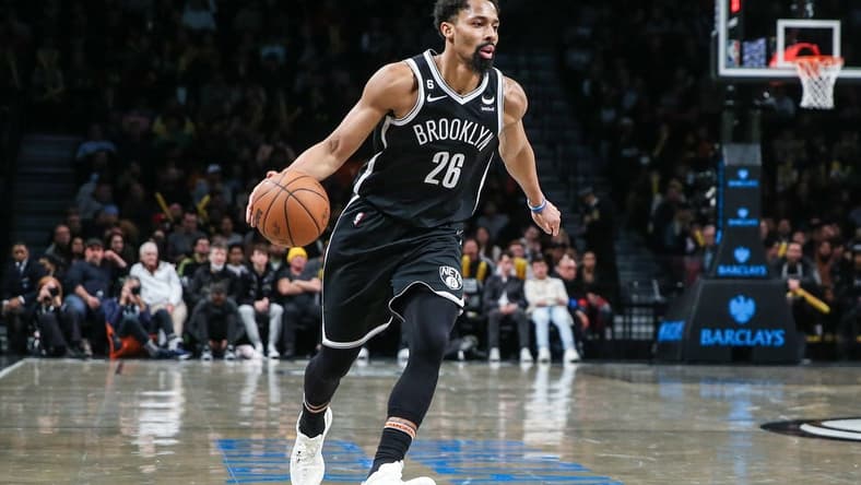 Mar 29, 2023; Brooklyn, New York, USA;  Brooklyn Nets guard Spencer Dinwiddie (26) at Barclays Center. Mandatory Credit: Wendell Cruz-USA TODAY Sports