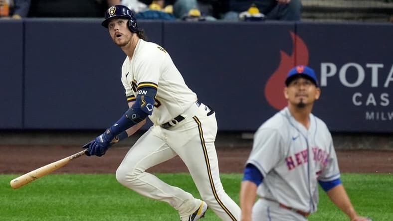 Apr 3, 2023; Milwaukee, Wisconsin, USA; Milwaukee Brewers third baseman Brian Anderson (9) hits a two-run home run off of New York Mets starting pitcher Carlos Carrasco (59) during the fourth inning of their game at American Family Field. Mandatory Credit: Mark Hoffman/Milwaukee Journal Sentinel-USA TODAY Sports