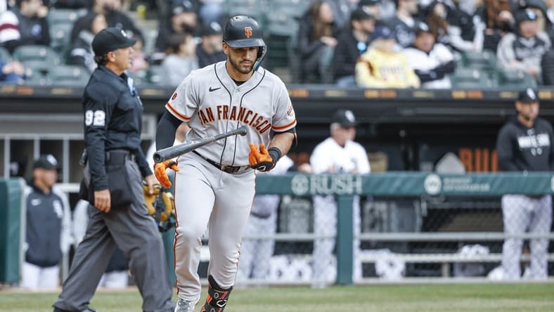 Apr 3, 2023; Chicago, Illinois, USA; San Francisco Giants third baseman David Villar (32) rounds the bases after hitting a solo home run against the Chicago White Sox during the fifth inning at Guaranteed Rate Field. Mandatory Credit: Kamil Krzaczynski-USA TODAY Sports