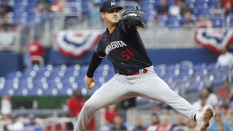 Apr 3, 2023; Miami, Florida, USA;  Minnesota Twins starting pitcher Tyler Mahle (51) pitches against the Miami Marlins during the first inning at loanDepot Park. Mandatory Credit: Rhona Wise-USA TODAY Sports