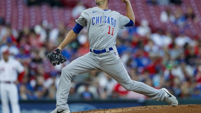 Apr 3, 2023; Cincinnati, Ohio, USA; Chicago Cubs starting pitcher Drew Smyly (11) pitches against the Cincinnati Reds in the first inning at Great American Ball Park. Mandatory Credit: Katie Stratman-USA TODAY Sports