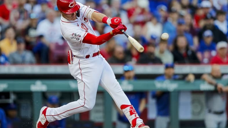 Apr 3, 2023; Cincinnati, Ohio, USA; Cincinnati Reds designated hitter Tyler Stephenson (37) hits a single against the Chicago Cubs in the first inning at Great American Ball Park. Mandatory Credit: Katie Stratman-USA TODAY Sports