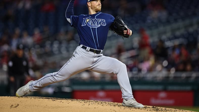 Apr 3, 2023; Washington, District of Columbia, USA; Tampa Bay Rays starting pitcher Drew Rasmussen (57) delivers a pitch against the Washington Nationals during the second inning at Nationals Park. Mandatory Credit: Scott Taetsch-USA TODAY Sports