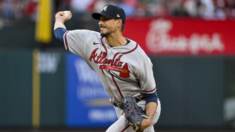Apr 3, 2023; St. Louis, Missouri, USA;  Atlanta Braves starting pitcher Charlie Morton (50) pitches against the St. Louis Cardinals during the first inning at Busch Stadium. Mandatory Credit: Jeff Curry-USA TODAY Sports