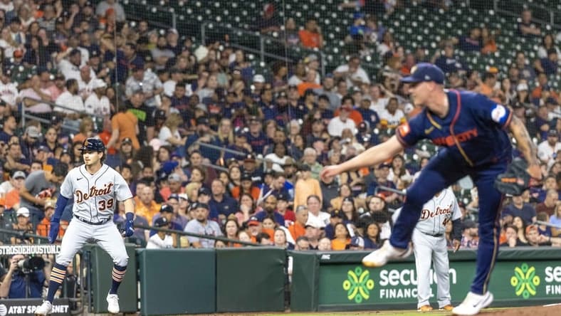 Apr 3, 2023; Houston, Texas, USA; Detroit Tigers second baseman Zach McKinstry (39) leads off third base as Houston Astros starting pitcher Hunter Brown (58) pitches in the second inning at Minute Maid Park. Mandatory Credit: Thomas Shea-USA TODAY Sports