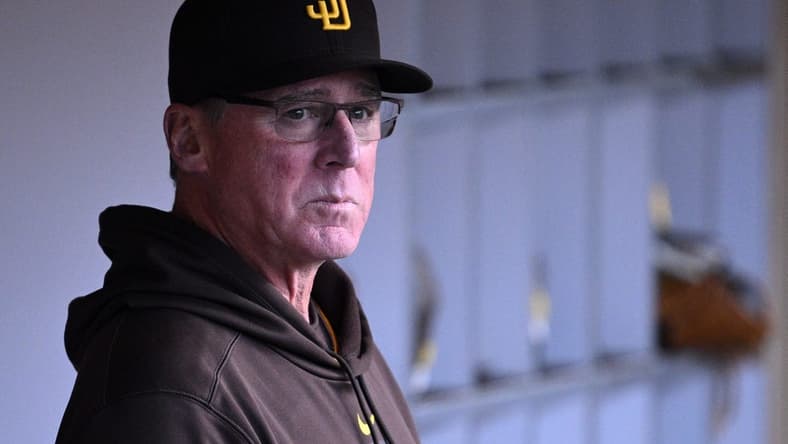 Apr 3, 2023; San Diego, California, USA; San Diego Padres manager Bob Melvin looks on from the dugout before the game against the Arizona Diamondbacks at Petco Park. Mandatory Credit: Orlando Ramirez-USA TODAY Sports
