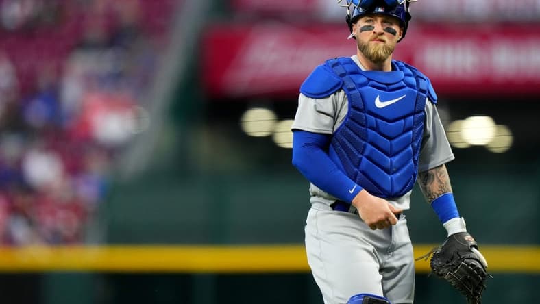 Chicago Cubs catcher Tucker Barnhart (18) walks back to home plate after a mound visit in the fourth inning of a baseball game between the Chicago Cubs and the Cincinnati Reds, Monday, April 3, 2023, at Great American Ball Park in Cincinnati. The Cincinnati Reds won, 7-6.

Chicago Cubs At Cincinnati Reds April 3 0303