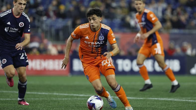 Apr 1, 2023; Foxborough, Massachusetts, USA; New York City midfielder Richard Ledezma (20) against the New England Revolution during the first half at Gillette Stadium. Mandatory Credit: Winslow Townson-USA TODAY Sports
