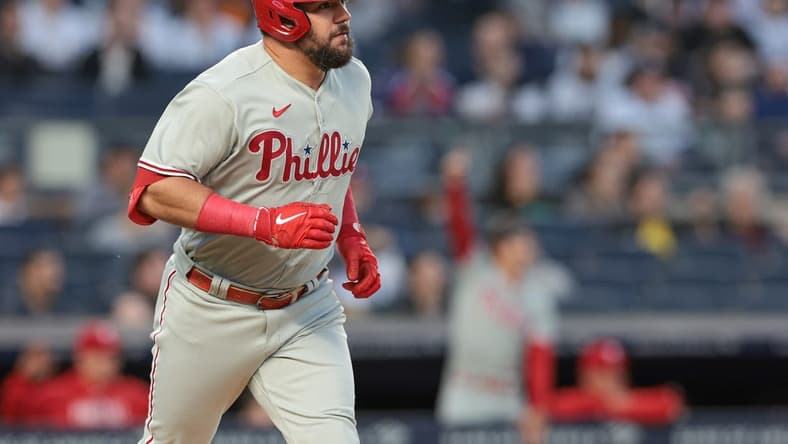 Apr 4, 2023; Bronx, New York, USA; Philadelphia Phillies left fielder Kyle Schwarber (12) runs the bases after hitting a solo home run during the first inning against the New York Yankees at Yankee Stadium. Mandatory Credit: Vincent Carchietta-USA TODAY Sports