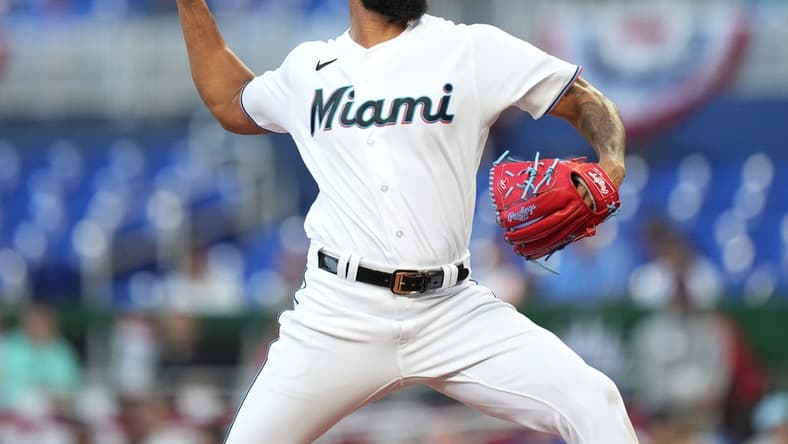 Apr 4, 2023; Miami, Florida, USA;  Miami Marlins starting pitcher Sandy Alcantara (22) pitches against the Minnesota Twins in the first inning at loanDepot Park. Mandatory Credit: Jim Rassol-USA TODAY Sports