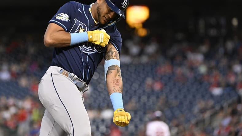 Apr 4, 2023; Washington, District of Columbia, USA; Tampa Bay Rays center fielder Jose Siri (22) gestures after hitting a solo home run against the Washington Nationals during the second inning at Nationals Park. Mandatory Credit: Brad Mills-USA TODAY Sports