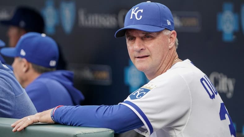 Apr 4, 2023; Kansas City, Missouri, USA; Kansas City Royals manager Matt Quatraro (33) looks out from the dugout prior to a game against the Toronto Blue Jays at Kauffman Stadium. Mandatory Credit: Denny Medley-USA TODAY Sports