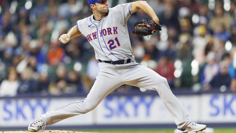 Apr 4, 2023; Milwaukee, Wisconsin, USA;  New York Mets pitcher Max Scherzer (21) throws a pitch during the second inning against the Milwaukee Brewers at American Family Field. Mandatory Credit: Jeff Hanisch-USA TODAY Sports