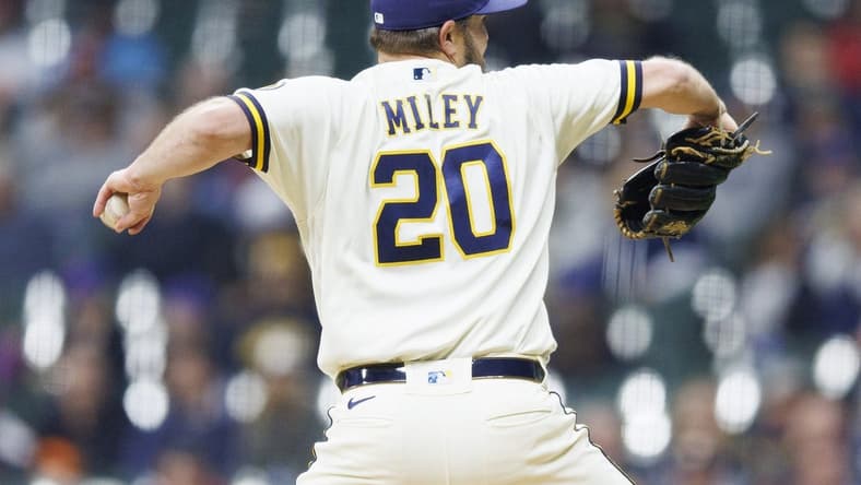 Apr 4, 2023; Milwaukee, Wisconsin, USA;  Milwaukee Brewers pitcher Wade Miley (20) throws a pitch during the second inning against the New York Mets at American Family Field. Mandatory Credit: Jeff Hanisch-USA TODAY Sports