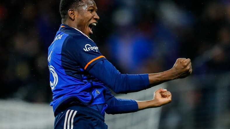 Apr 1, 2023; Cincinnati, Ohio, USA; FC Cincinnati defender Yerson Mosquera (15) reacts after scoring a goal against Inter Miami CF in the first half at TQL Stadium. Mandatory Credit: Katie Stratman-USA TODAY Sports
