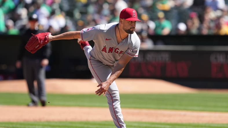 Apr 1, 2023; Oakland, California, USA; Los Angeles Angels starting pitcher Patrick Sandoval (43) throws a pitch against the Oakland Athletics during the fifth inning at RingCentral Coliseum. Mandatory Credit: Darren Yamashita-USA TODAY Sports