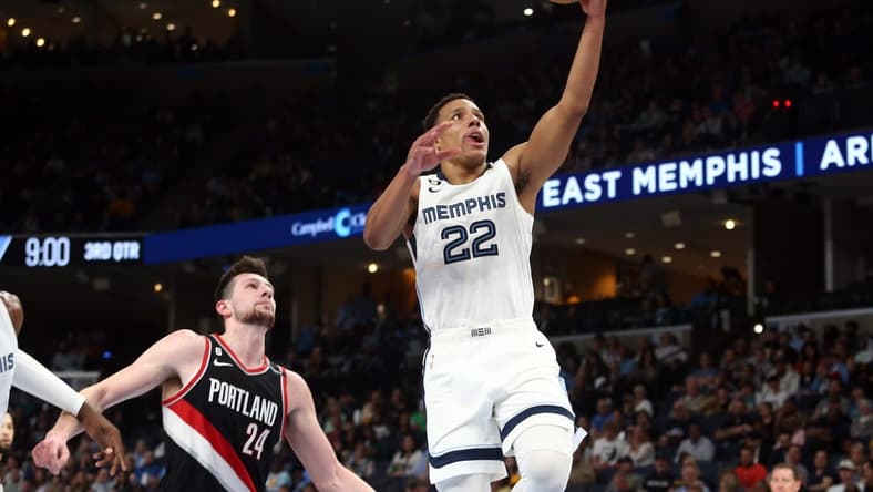 Apr 4, 2023; Memphis, Tennessee, USA; Memphis Grizzlies guard Desmond Bane (22) drives to the basket during the second half against the Portland Trail Blazers at FedExForum. Mandatory Credit: Petre Thomas-USA TODAY Sports