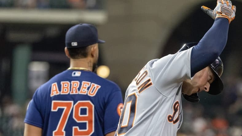 Apr 4, 2023; Houston, Texas, USA;  Detroit Tigers first baseman Spencer Torkelson (20) celebrates his two run home run against the Houston Astros in the eighth inning at Minute Maid Park. Mandatory Credit: Thomas Shea-USA TODAY Sports