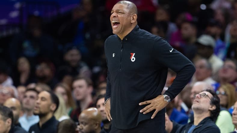 Apr 4, 2023; Philadelphia, Pennsylvania, USA; Philadelphia 76ers head coach Doc Rivers reacts during the fourth quarter against the Boston Celtics at Wells Fargo Center. Mandatory Credit: Bill Streicher-USA TODAY Sports