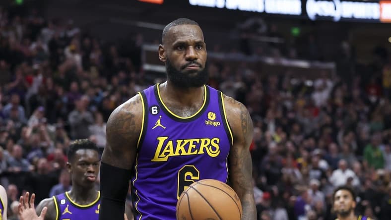 Apr 4, 2023; Salt Lake City, Utah, USA; Los Angeles Lakers forward LeBron James (6) reacts to being called for a foul against the Utah Jazz in the last minute of the fourth quarter at Vivint Arena. Mandatory Credit: Rob Gray-USA TODAY Sports