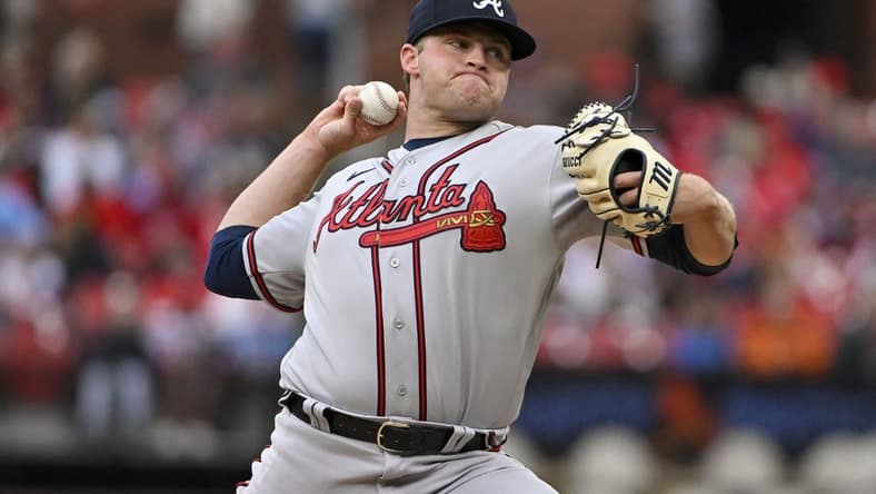 Apr 5, 2023; St. Louis, Missouri, USA;  Atlanta Braves starting pitcher Bryce Elder (55) pitches against the St. Louis Cardinals during the second inning at Busch Stadium. Mandatory Credit: Jeff Curry-USA TODAY Sports